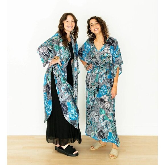 Winton + Waits Women Floral Bombay Blue Kimono Duster Open Front Boho OSFM Beach - Picture 3 of 15
